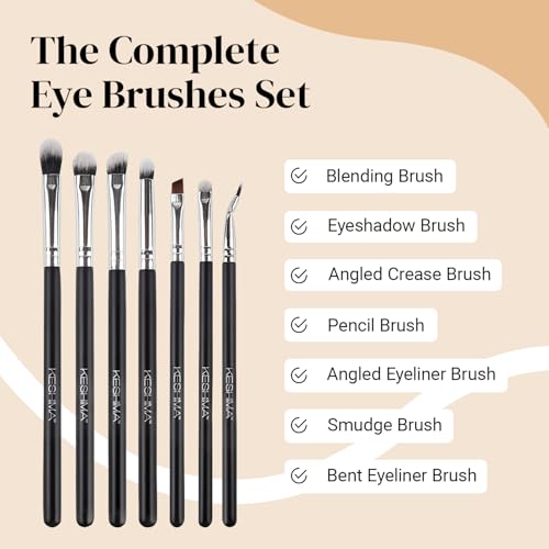 Keshima Professional Eye Makeup Brushes Set with Eyeshadow Brush, Eye Shadow Blending Brush, Smudge, Angled Crease, Pencil, Angled Eyeliner and Bent Eyeliner Brushes