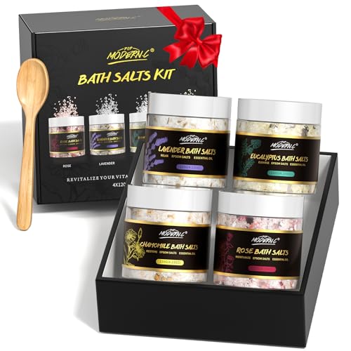 Epsom Bath Salts Gift Set for Soaking 4pcs Bath Salts with Essential Oils for Women Relaxing Lavender Eucalyptus Rose Chamomile Bath Set for Women Luxury Spa Birthday Mother's Day Christmas Gift
