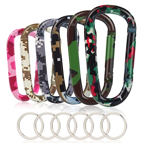 6PCS Carabiner Caribeaner Clip,3" Large Aluminum D Ring Shape Carabeaner with 6PCS Keyring Keychain Hook（Multi Camouflage)