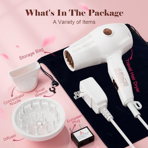 Travel Hair Dryer Mini with Diffuser&Concentrator,110~250V Dual Voltage Hair Dryer Blow Dryer Mini Size for European Travel, Portable Blow Dryers for Women and Men with EU Plug