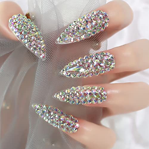 Handmade Press on Nails Full Cover Luxurious 3D Crystal False Nails Super Extra Long Stiletto Diamonds Art Decoration Fake Nails Manicure Kit Nail Art Tips Gift for Women Girls Wedding Party