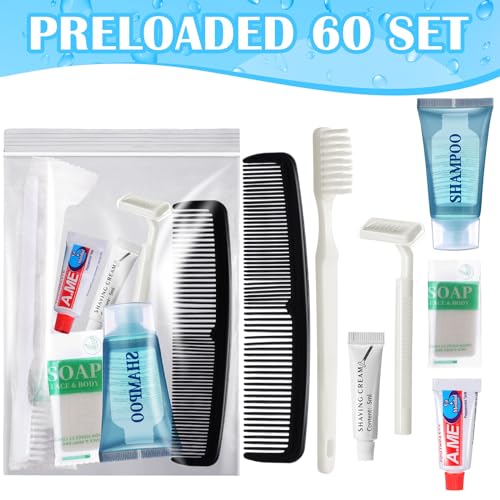 60 Set Travel Convenience Toiletry Kit Bulk Basic Toiletry Kits Travel Size Homeless Personal Hygiene Kit Homeless Care Package Supplies with Reusable Toiletry Bag for Men Charity