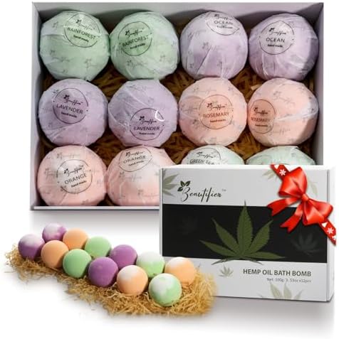 Hemp Oil Bath Bombs Gift Set Natural Refreshing Bubble Bath Kit with 6 Relaxing Scents Made from Pure Essential Oil for Bubble and Spa Bath, Birthday Mother's Valentine's Day Gifts