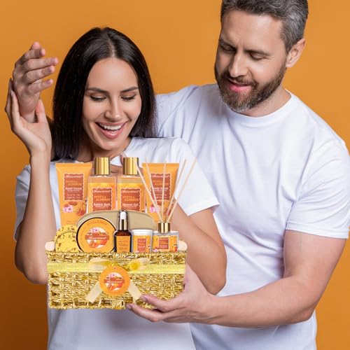 Gift Baskets for Women, Bath and Body Gift Set for her with 13pcs Honey Almond Scented Spa Gifts for Women, Bath Sets Includes Scented Candle, Shower Steamer, Bubble Bath, Bath Salt. Mothers Day Gifts