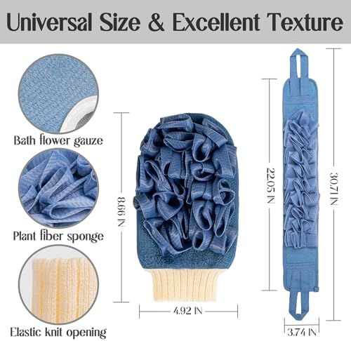 Deep Exfoliating Mitt Double-Sided Glove for Shower, with Long Exfoliating Washcloth Towel - Extreme Body & Back Scrubber Exfoliator, Body Massage Scrub & Bath Shower Loofah Sponge (2-Blue)