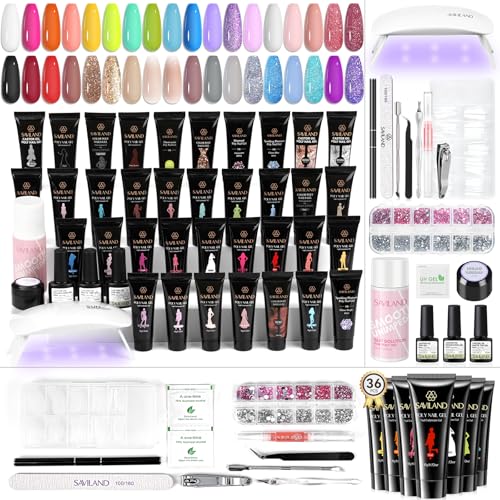 SAVILAND Poly Gel Nail Kit for Pretty Gift: 36 Colors Poly Gel Nail Starter Kit with Slip Solution and Mini U V Lamp Curing Light for Quick Extension Home DIY, Manicure Set Supplies Tools for Starter