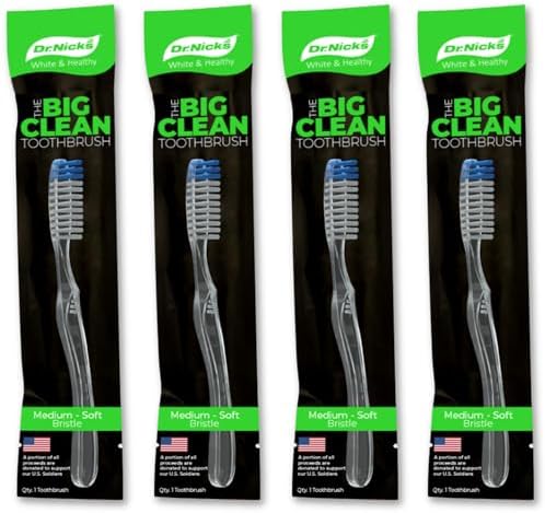 Dr. Nicks White & Healthy The Big Clean Large Toothbrush Medium Soft - Bulk Toothbrushes (4 Pack) - Dentist Designed Deep Gum Toothbrush - Large Head Medium Soft Toothbrushes for Adults