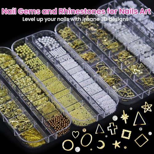 6 Boxs of Nail Charms Rhinestones Kit with 30 Sheets of Nail Art Gold Stickers Gold Sliver Nail Beads Pearls Gems with 1 Heart Nail Embossed Molds, 1 Tweezers and 1 Wax Pen for Nail Supplies
