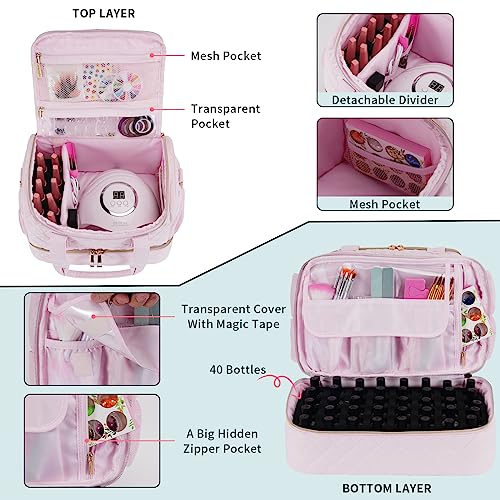 Nail Polish Organizer Case Fits 1 Nail Lamp and 50 Bottles,Pretty Nail Organizers and Storage with Side Pockets for Nail Polish Remover,Manicure Tools (Patented,Bag Only)-Pale Pink
