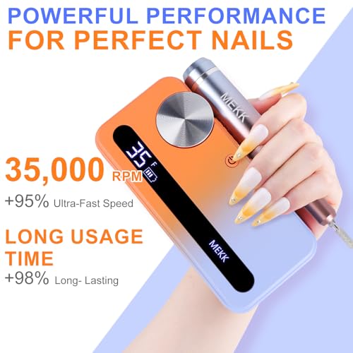 MEKK Nail Drill,35000RPM Cordless Nail Drill Professional Electric Nail File with 12PCS Bits,Anti-Shaking Rechargeable E File Kit for Acrylic Nails,Home & Salon(Orange Blue)
