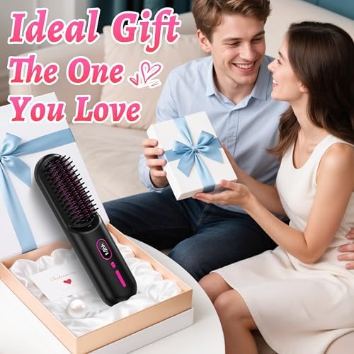 Cordless Hair Straightener Brush - [200M Negative Ions] Portable Straightening Brush for Women, USB Rechargeable, Anti-Scald, Fast Heating Mini Straightener Comb for Travel Car Outdoor, Black