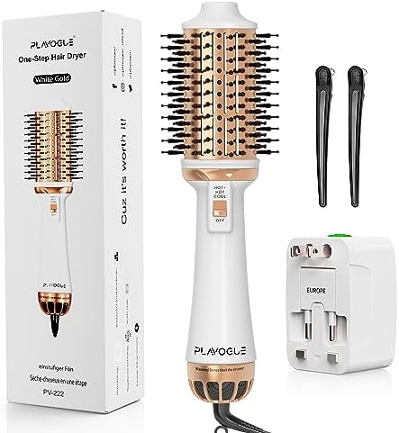 Plavogue Dual Voltage Blow Dryer Brush for European Travel,110V-240V Hot Air Brush with Volumizer, Negative Ionic Anti-Frizz - Styling Brush with Ceramic Coating for Long/Mid Hair Types, Oval Shape