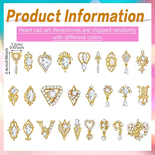 Maitys 52 Pcs Gold Nail Charms Luxury Rhinestones Heart Crystal Gems Alloy 3D Dangle Nail Jewels Metal Pearl Diamond Flowers Studs for Women DIY Craft Jewelry Making