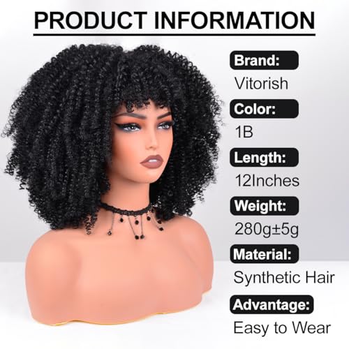 Afro Curly Wig with Bangs 12 Inches Synthetic Afro Wig for Women about 280g/Pcs Heat Resistant Black Short Kinky Curly Wigs for Daily Party