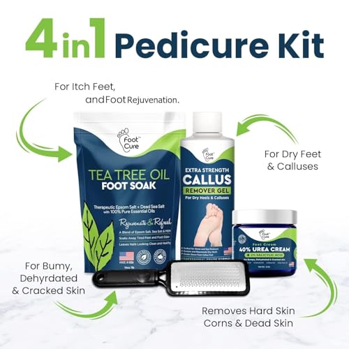 FOOT CURE Exfoliator & Callus Remover Pedicure Set – Care Kit Includes File for Dead Skin, Tea Tree Oil Soak Salts, Urea Cream 40 Percent Removal Gel Made in USA, Ivory, 4 Piece
