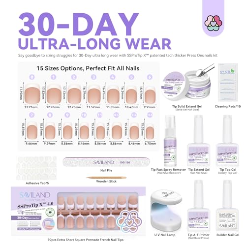 SAVILAND French Gel Nail Kit: Long-lasting Extra Short Square Press On Nails for Women Thick & Perfect Nude French Gels Tips Chip-Free Sturdy-Fit Solid Nail Glue Gel U V/LED Lamp Nail Supplies