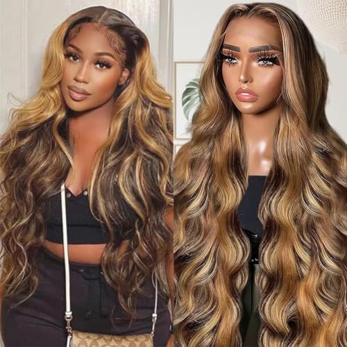 Honey Blonde Ombre Lace Front Wig Human Hair Highlight Body Wave Lace Front Wigs Human Hair Pre Plucked 200 Density Glueless Wig 13X6 HD Lace Frontal Wig for Women 4/27 Colored 28 Inch