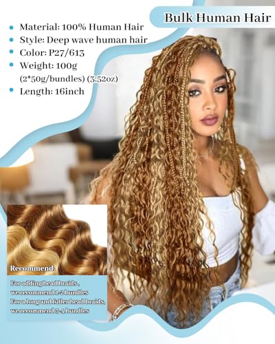 Flagship Human Braiding Hair for Boho Braids 16 Inch 2 Bundles 100g Deep Wave Bulk Human Boho Hair for Braiding 12A Virgin Curly Human Hair for Boho Knotless Braids Human Hair Bundles P27/613
