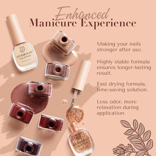 AZUREBEAUTY Brown Shades Champagne Glitter Nail Polish Set 8 Colors, Quick Dry Natural Nail Lacquer Strengthening Treatment Kit DIY Salon