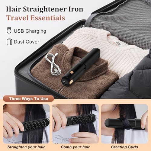 Cordless Hair Straightener Brush 3 in 1,Cordless Rechargeable Hair Straightener Comb Clip 5000mAh,Portable Travel Straightener,Mini Hot Straightening Comb for Women,Ceramic Coating,Black
