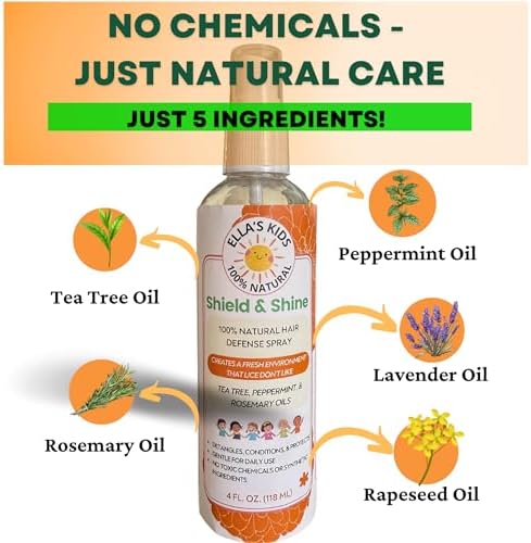 Natural Lice Prevention and Repellent Spray for Kids Hair – Made with Essential Oils, Detangles and Conditions, Only 5 Oil Ingredients - Tea Tree, Rosemary, and Lavender Oils by Ella’s Kids