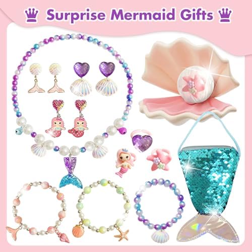 Mermaid Bath Bombs for Girls Kids with Toys Inside, 9 Pcs Natural Handmade Shell Bubble Bath Bomb Kit for Girls with Jewelry Surprise, Pefect for Christmas Easter Birthday Gift Princess Party Favor