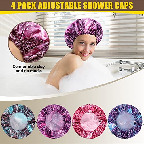4 Packs Shower Caps, Extra Large Adjustable Double Layer Waterproof Hair Cap for Women, Waterproof Exterior & EVA Lining, Oversized Design for Long Thick Hair (Starlight Printing, X-Large)