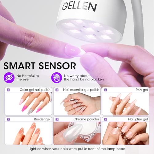 Gellen Gooseneck U V Lamp for Gel Nails, Rechargeable Flash Cure Lamp, 365+405nm 24W Nail UV Light, Smart Sensor Cordless Mini U V Light for Nail Art