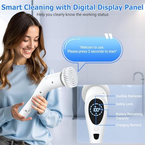 Electric Spin Scrubber, Cordless 3 Speeds Cleaning Brush 430 RPM, Adjustable/Detachable Long Handle, Shower Scrubber for Bathroom, Car, Floor, Shower Cleaning Brush with 9 Replaceable Brushes