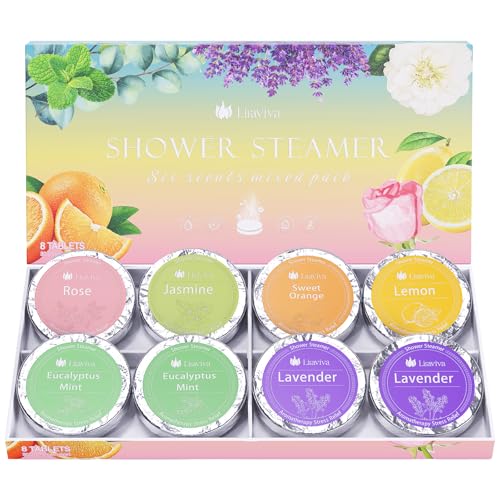 Shower Steamers Variety Pack – 8 Aromatherapy Shower Bombs with Essential Oils – Lavender, Eucalyptus, Citrus, Rose & Jasmine – Spa Gift for Women, Men, Mom, Dad – Individually Wrapped Tablets