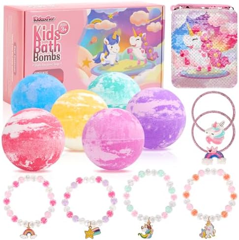 Unicorn Bath Bombs for Kids with Surprise Inside, 6 Pcs Oversized Handmade Bath Bombs with Jewelry Toys & Cross-Body Bag, Gift for Girls Aged 3-12, Christmas, Birthday