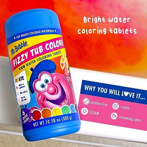 Mr. Bubble Fizzy Tub Colors Bath Water Coloring Tabelets, 6 Bright Colors, Red, Orange, Yellow, Purple, Blue and Green, Fragrance Free, Cap Makes Colorful Waterfall (3 Jars, 150 Tablets Each)