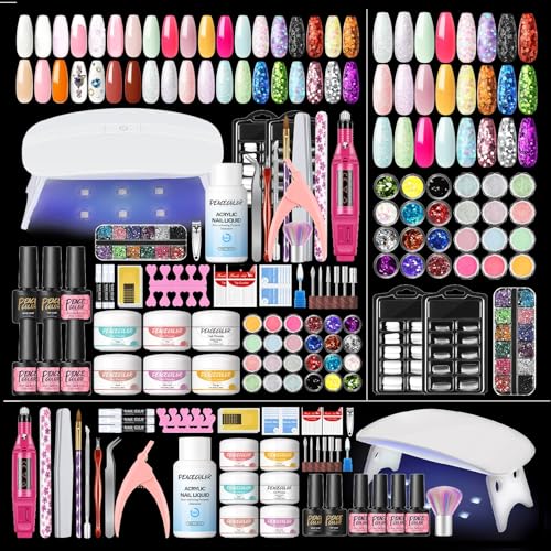 Acrylic Nail Kit for Beginners with Drill and U V Light 6 Colors Acrylic Powder Clear Nude Pink 4PC Gel Polish 24PC Glitter Powders Rhinstones Nails Kit Acrylic Set Gifts for Women