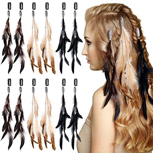 Geyoga 12 Pcs Feather Hair Extensions Colored Clip in Hair Feathers for Women Carnival Cosplay Costume Summer Party Headdress Boho Feather Clip Accessory Gifts(Brown, Black, Dark Coffee,Standard)