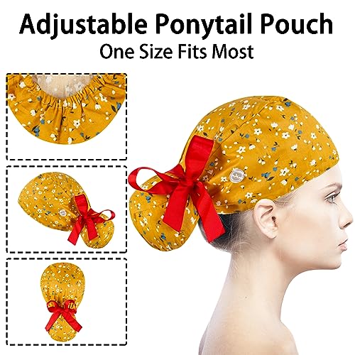 Scrub Caps Women Bouffant Scrub Hats Caps Nurses, Adjustable Working Cap Ponytail Pouch Tie Back Hats