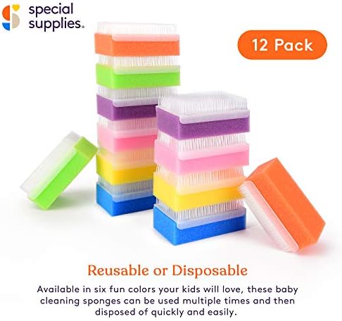 Special Supplies (12 Pack) Baby Bath Sponges Soft Foam Scrubber with Cradle Cap Bristle Brush - Body, Hair, and Scalp Cleaning - Gentle on Infant, Toddler Sensitive Skin - Great Sensory Feel
