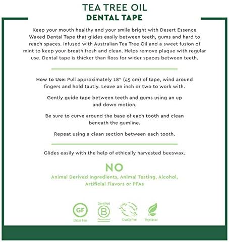 Desert Essence Tea Tree Oil Dental Tape – Pack of 6, 30 Yards Each – Naturally Waxed with Beeswax, Thick No-Shred Flossing Tape – Removes Food Debris, Antiseptic, Gluten-Free, Cruelty-Free