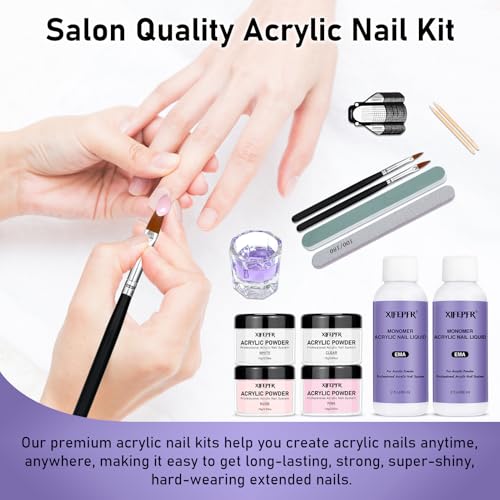 Acrylic Nail Kit - Clear Pink White Nude Powder & Liquid Monomer Set with Brush, Nail Forms, Extension Kit for Beginners with Everything for Home DIY