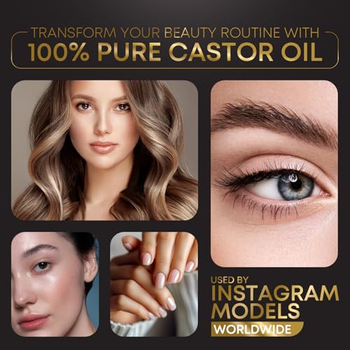 Organic Castor Oil, Cold Pressed, Glass Bottle, USDA Certified Premium Organic, Unrefined, Hexane Free, for Hair Growth, Radiant Skin, Eyebrows, Lashes and Fuller Hair, 16.9 oz w/ Pump (Made in USA)