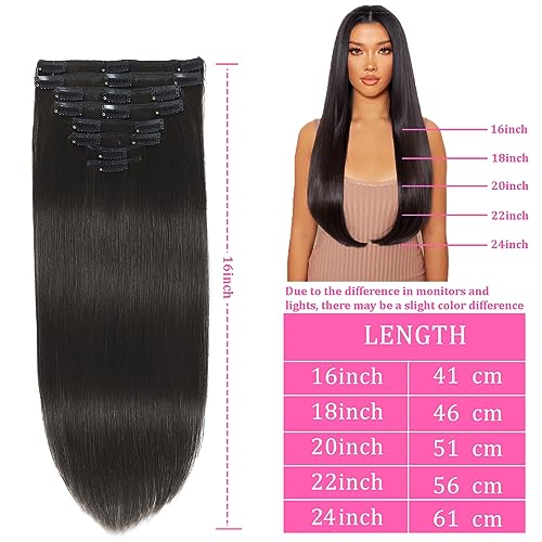Clip in Hair Extensions Real Human Hair Clip in Extensions Black Women Remy Invisible Natural Straight Seamless 8pcs Double Weft #1B 16 Inch 2.8oz/80g