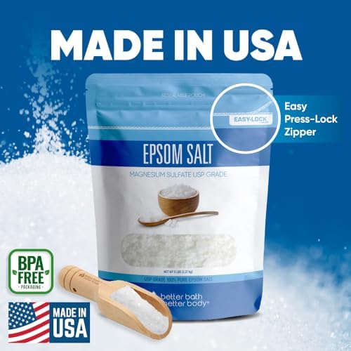 Epsom Salt 5 Lbs Bulk Bag USP Grade Multipurpose Unscented in BPA Free Pouch with Easy Press Lock Seal Plus Bamboo Scoop