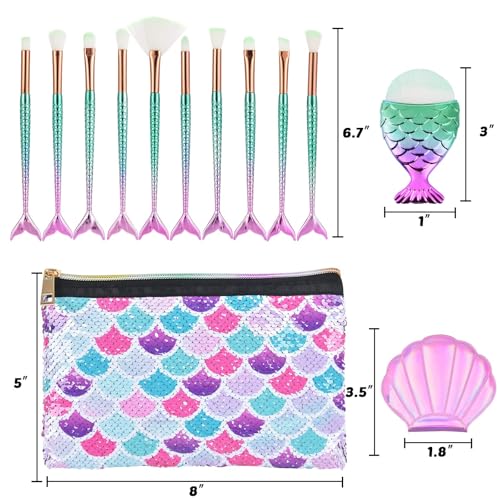 Mermaid Makeup Brush Sets with Cosmtic Bag - 13 PCS Beauty Makeup Tools Eye Shadow Eyeliner Concealer Foundation Blending Blush Brushes Compact Pocket Mirror Sequins Cosmetic Case Bag
