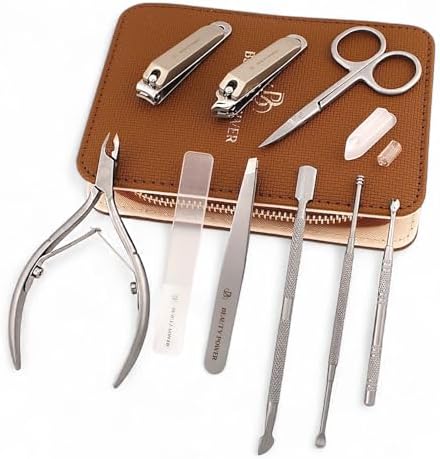 9 in 1 Professional Manicure Pedicure Set - Stainless Steel Nail Clippers, Nano File, Cuticle Nipper, Scissors, Tweezers, Travel PU Leather Case for Men & Women - Gift Ready (Brown)