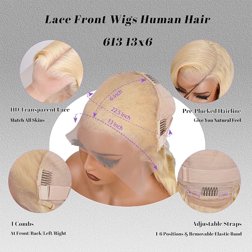 613 13x6 Lace Front Wig Human Hair 250 Density 30 Inch Body Wave Blonde Wig Human Hair 613 HD Lace Frontal Wigs 13x6, 100% Real Human Hair No Synthetic Blend No Tangle No Shedding Triple Lifespan 3X