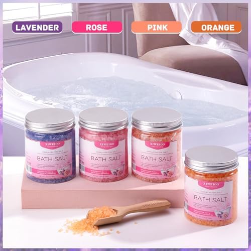 4 Pack Kit Bath Salts for Soaking Himalayan Pink Salt Lavender Orange Rose Pink Scent Epsom Salt Bubble Bath for Women Christmas Gift with Dead Sea Salt Moisturizing Skin