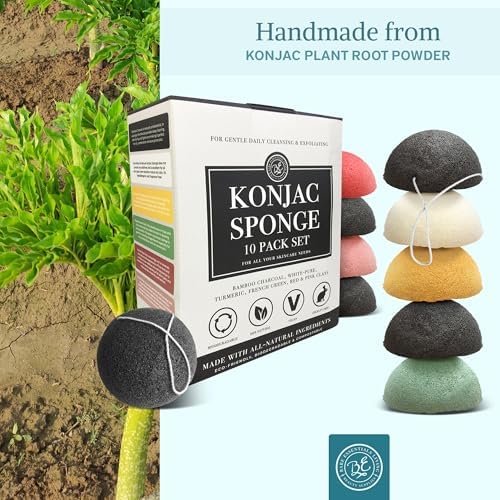 Bare Essentials Living - Konjac Sponges Set (10 Pack) with Activated Bamboo Charcoal Facial Sponge, Natural, Great for Facials, Bath, and Exfoliating Body Sponge