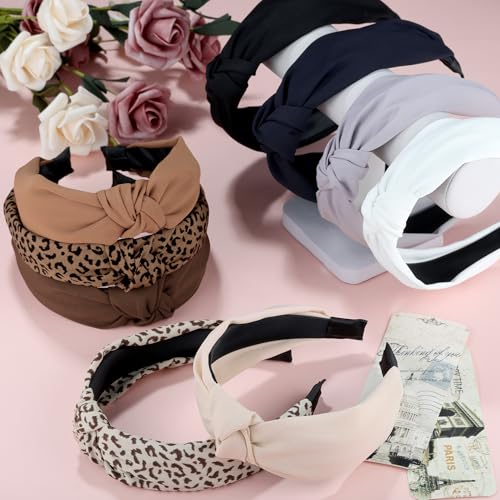 Funtopia Headbands for Women, 9pcs Fashion Knotted Headband Leopard Print Knot Hairband, Cute Wide Headbands for Women Girls Hair Accessories Set(Brown Black White)