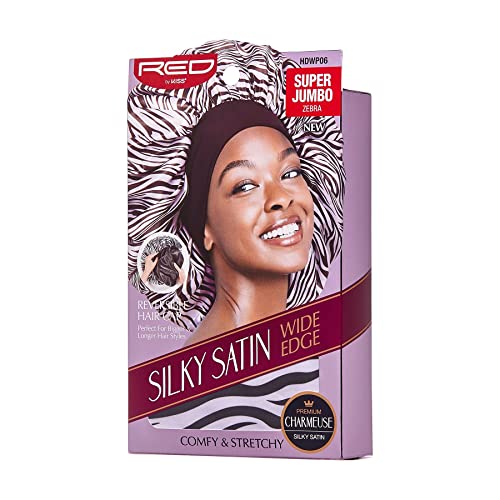 Red by Kiss Reversible Silky Satin Hair Cap Hair Bonnet with Wide Edge Double Wear Cap, Super Jumbo (Zebra)