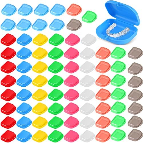 Tanlade 80 Pcs Dental Retainer Case with Vent Holes 3.4 x 2.8 x 1.1in Mouth Guard Case Assorted Retainer Holder False Teeth Container for Aligners, Travel,Night Guards, 10 Colors