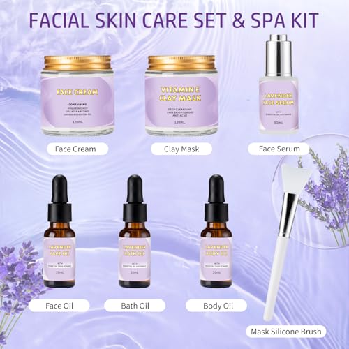 Facial Skin Care Set & Spa Kit, Lavender Spa Gifts for Women, Body & Facial Relaxation Kit, Mothers Day Gift Ideas, Self Care Gifts Birthday Christmas Gifts Includes Face Cream Oil Shower Accessories